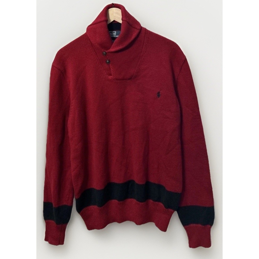 Mens Vintage Polo Ralph Lauren Sweater Preppy Shawl Collar Tennis Stripe XL